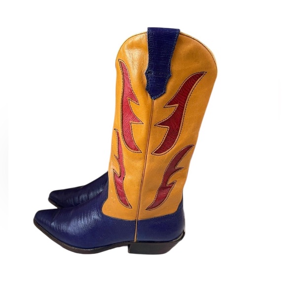 Rare 90s Hunt Club "Trisha" Leather Flame Cowboy Boots Blue Yellow Size 7M VTG - Picture 3 of 13